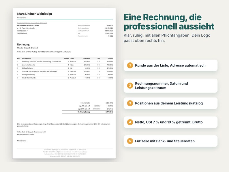 K&ouml;nnte beinhalten: Eine wei&szlig;e Dokumentvorlage mit dem Titel Mara Lindner Webdesign, die ein detailliertes Rechnungslayout mit Spalten f&uuml;r Beschreibung, Menge, Einzelpreis, Steuersatz und Gesamtbetrag sowie f&uuml;nf nummerierte Textfelder zur Erl&auml;uterung zeigt.