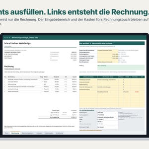 K&ouml;nnte beinhalten: Eine digitale Tabellenkalkulation auf einem Laptop-Bildschirm mit einer zweigeteilten Ansicht zur Rechnungserstellung. Der Text lautet: Rechts ausf&uuml;llen. Links entsteht die Rechnung. Gedruckt wird nur die Rechnung. Der Eingabebereich und der Kasten f&uuml;rs Rechnungsbuch bleiben auf dem Bildschirm.