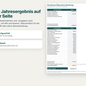 May include: A financial document titled Einnahmen-&Uuml;bersuchs-Rechnung showing a business income and expense summary for the 2025 fiscal year. The layout includes categorised lists of revenue and expenditure, ending with a final profit calculation.