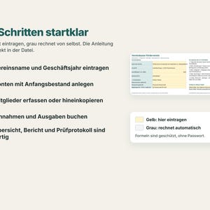 K&ouml;nnte beinhalten: Eine Infografik mit dem Titel In 5 Schritten startklar, die einen f&uuml;nfstufigen Prozess zur Buchf&uuml;hrung erl&auml;utert. Sie enth&auml;lt nummerierte dunkelgr&uuml;ne Kreise, einen Tabellenausschnitt und eine Legende zur farblichen Kennzeichnung.