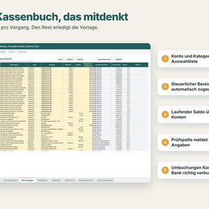 K&ouml;nnte beinhalten: Eine digitale Tabellenvorlage f&uuml;r die Vereinskasse mit dem Titel Ein Kassenbuch, das mitdenkt. Die Benutzeroberfl&auml;che zeigt Zeilen mit Finanztransaktionen, Spalten f&uuml;r Datum, Beschreibung, Kategorie und Saldo sowie f&uuml;nf nummerierte Funktionshinweise.