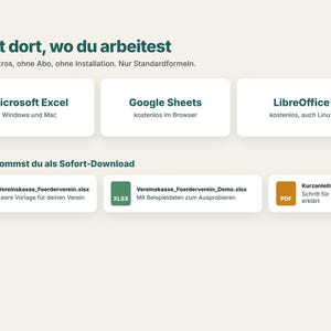 K&ouml;nnte beinhalten: Eine digitale Produkt&uuml;bersicht mit dunkelgr&uuml;nem Text auf hellem Hintergrund. Sie listet Software-Kompatibilit&auml;t wie Microsoft Excel, Google Sheets und LibreOffice auf und nennt die Download-Dateien: Vereinskasse_Foerderverein.xlsx, Vereinskasse_Foerderverein_Demo.xlsx und Kurzanleitung.pdf.