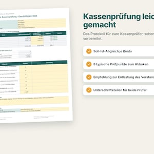 K&ouml;nnte beinhalten: Ein Dokument mit dem Titel Protokoll der Kassenpr&uuml;fung - Gesch&auml;ftsjahr 2026, das Finanztabellen und Pr&uuml;flisten enth&auml;lt. Daneben steht der Text Kassenpr&uuml;fung leicht gemacht mit vier Punkten zu Soll-Ist-Abgleich, Pr&uuml;fpunkten, Vorstandsentlastung und Unterschriften.