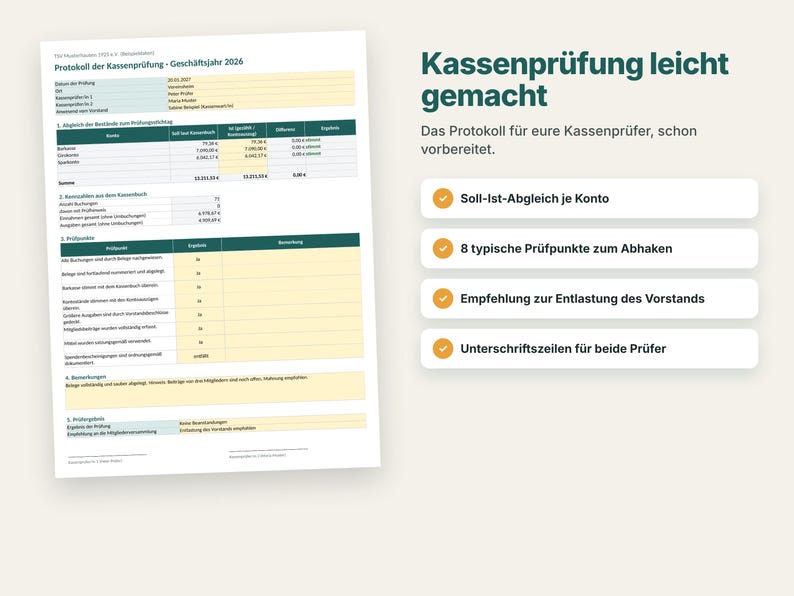 K&ouml;nnte beinhalten: Ein Dokument mit dem Titel Protokoll der Kassenpr&uuml;fung - Gesch&auml;ftsjahr 2026, das Finanztabellen und Pr&uuml;flisten enth&auml;lt. Daneben steht der Text Kassenpr&uuml;fung leicht gemacht mit vier Punkten zu Soll-Ist-Abgleich, Pr&uuml;fpunkten, Vorstandsentlastung und Unterschriften.