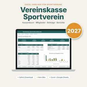 K&ouml;nnte beinhalten: Eine Excel-Vorlage f&uuml;r die Sportvereinskasse auf einem Laptop-Bildschirm. Die Benutzeroberfl&auml;che zeigt Finanz&uuml;bersichten, Mitgliederbeitr&auml;ge und Berichte f&uuml;r 2027. Text: "Vereinskasse Sportverein", "Kassenbuch", "Mitglieder", "Beitr&auml;ge", "Berichte".