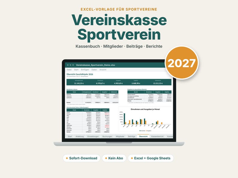 K&ouml;nnte beinhalten: Eine Excel-Vorlage f&uuml;r die Sportvereinskasse auf einem Laptop-Bildschirm. Die Benutzeroberfl&auml;che zeigt Finanz&uuml;bersichten, Mitgliederbeitr&auml;ge und Berichte f&uuml;r 2027. Text: "Vereinskasse Sportverein", "Kassenbuch", "Mitglieder", "Beitr&auml;ge", "Berichte".