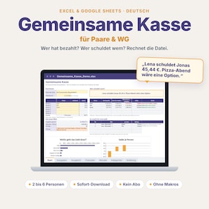 May include: A digital spreadsheet template for shared expenses displayed on a laptop screen. The interface features the text Gemeinsame Kasse, tables for tracking debts, and a speech bubble stating Lena schuldet Jonas 45,44 €. Pizza-Abend wäre eine Option.