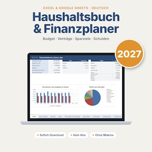 May include: A digital household budget and finance planner for Excel and Google Sheets, featuring a laptop screen displaying financial data, charts, and the year 2027. The interface includes tabs for tracking income, expenses, contracts, savings goals, and debts.