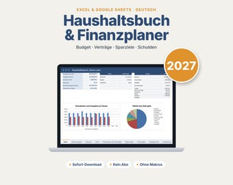 Könnte beinhalten: Ein digitales Haushaltsbuch und Finanzplaner für Excel und Google Sheets, das auf einem Laptop-Bildschirm Finanzdaten, Diagramme und das Jahr 2027 anzeigt. Die Benutzeroberfläche enthält Reiter für Einnahmen, Ausgaben, Verträge, Sparziele und Schulden.