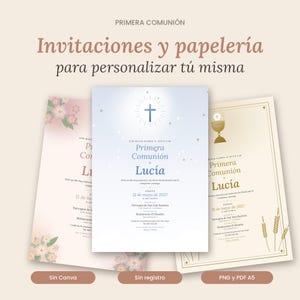 Puede incluir: Tres plantillas rectangulares de invitación para Primera Comunión con diseños florales, de cruz y de cáliz, con el texto Primera Comunión, Lucía y detalles del evento. Incluye botones con las etiquetas Sin Canva, Sin registro y PNG y PDF A5.