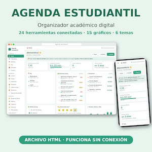 Puede incluir: Una agenda estudiantil digital mostrada en una pantalla de ordenador y un smartphone. La interfaz presenta detalles en verde oscuro, herramientas de seguimiento académico, listas de tareas y calendarios de exámenes. El texto incluye AGENDA ESTUDIANTIL, Organizador académico digital, 24 herramientas conectadas, 15 gráficos, 6 temas y ARCHIVO HTML FUNCIONA SIN CONEXIÓN.