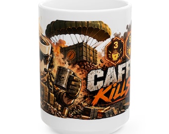 May include: A white ceramic mug featuring a graphic illustration of a soldier in tactical gear holding a mug with a skull icon. The design includes a parachute dropping a crate, orange hexagonal icons with coffee cup symbols, and the text CAFFEINE KILLS in bold, distressed lettering.