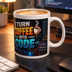 May include: A white ceramic mug featuring a pixel art design with the text I TURN COFFEE INTO CODE. The graphic includes a steaming coffee cup, a black cat, and a list of programming languages like Python, JavaScript, and React.