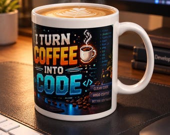 May include: A white ceramic mug featuring a pixel art design with the text I TURN COFFEE INTO CODE. The graphic includes a steaming coffee cup, a black cat, and a list of programming languages like Python, JavaScript, and React.