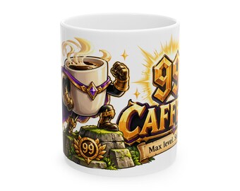 May include: A white ceramic mug featuring a cartoon character shaped like a coffee cup with arms and legs, wearing a purple cape and gold armor. The graphic includes the text 99 CAFFEINE and Max level, set against a stone pedestal background.