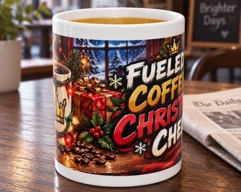 May include: A white ceramic mug featuring a colorful holiday graphic with a gift box, coffee beans, and the text "FUELED BY COFFEE AND CHRISTMAS CHEER" in bold, stylized lettering. The design includes a small gold crown icon and snowflakes.