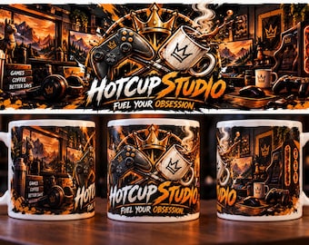 May include: A white ceramic mug featuring a graphic print of a gaming setup with a controller, a steaming coffee cup, and a crown logo. The text reads HOTCUP STUDIO and FUEL YOUR OBSESSION. The design includes orange and black accents.