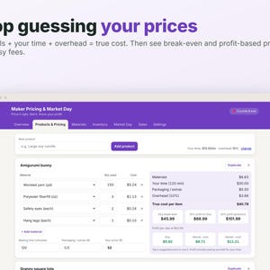 May include: A digital interface titled Maker Pricing & Market Day displaying a product cost calculator for an amigurumi bunny. The screen shows input fields for materials, labor time, and overhead, with calculated break-even and profit-based prices.