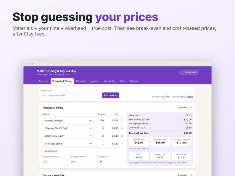 May include: A digital interface titled Maker Pricing & Market Day displaying a product cost calculator for an amigurumi bunny. The screen shows input fields for materials, labor time, and overhead, with calculated break-even and profit-based prices.
