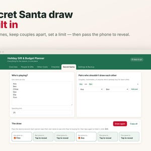 Kerstcadeau-tracker & vakantiebudgetplanner-app, cadeaulijst met bestedingslimieten, Secret Santa-generator, werkt offline, geen abonnement nodig afbeelding 4