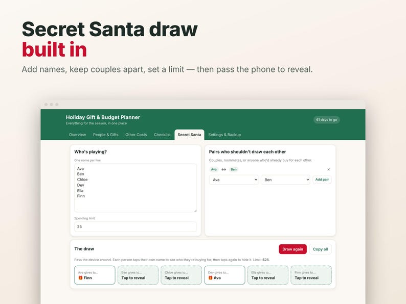 Kerstcadeau-tracker & vakantiebudgetplanner-app, cadeaulijst met bestedingslimieten, Secret Santa-generator, werkt offline, geen abonnement nodig afbeelding 4