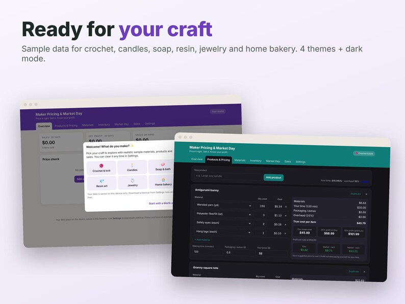 May include: A digital interface titled Maker Pricing & Market Day displayed on two overlapping screens. The software features a welcome modal with icons for crochet, candles, soap, resin, jewelry, and home bakery, alongside a dark mode dashboard.