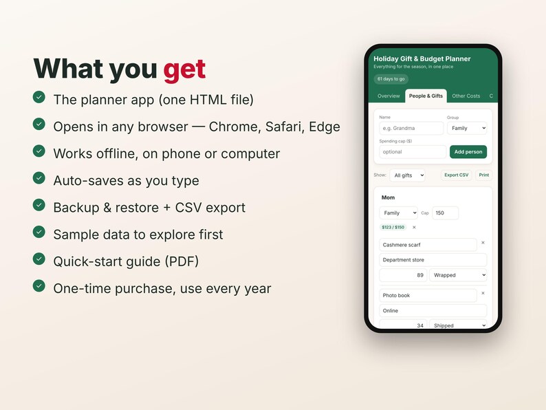Kerstcadeau-tracker & vakantiebudgetplanner-app, cadeaulijst met bestedingslimieten, Secret Santa-generator, werkt offline, geen abonnement nodig afbeelding 7