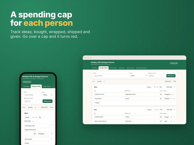 Kerstcadeau-tracker & vakantiebudgetplanner-app, cadeaulijst met bestedingslimieten, Secret Santa-generator, werkt offline, geen abonnement nodig afbeelding 3