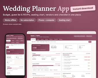 Trouwplanner-app, budget- en gastenlijstbeheer, RSVP, tafelindeling, leveranciersoverzicht, trouwchecklist, werkt offline op de telefoon