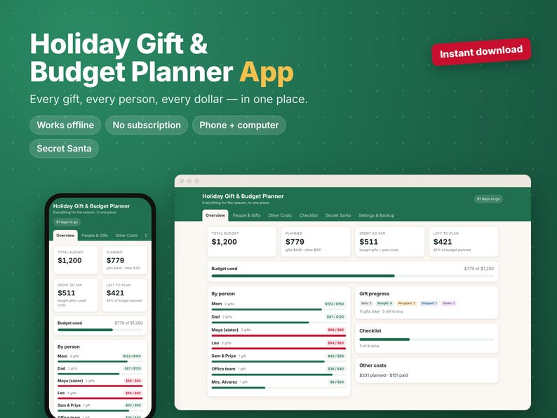 Kerstcadeau-tracker & vakantiebudgetplanner-app, cadeaulijst met bestedingslimieten, Secret Santa-generator, werkt offline, geen abonnement nodig afbeelding 1