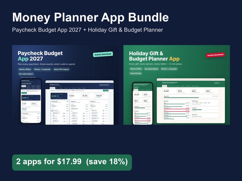 Money Planner App Bundle, Paycheck Budget App 2027 & Holiday Gift Budget Planner, Works Offline, No Subscription image 1