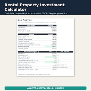 May include: A Rental Property Investment Calculator spreadsheet showing a Deal Analysis table with financial metrics including loan amount, monthly cash flow, cap rate, and DSCR. The document features rows of data with dollar amounts.