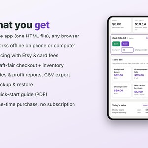May include: A smartphone screen displaying a point-of-sale app interface with a list of features titled What you get, including offline functionality, inventory management, sales reports, and a one-time purchase model without subscriptions.