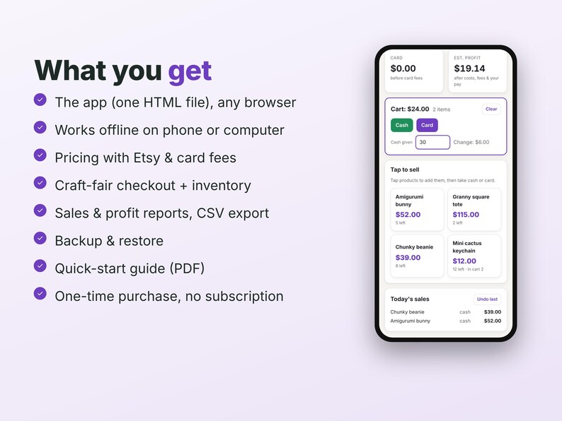 May include: A smartphone screen displaying a point-of-sale app interface with a list of features titled What you get, including offline functionality, inventory management, sales reports, and a one-time purchase model without subscriptions.