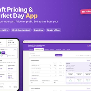 May include: A digital interface for the Craft Pricing & Market Day App displayed on a smartphone and a computer screen. The purple background features text including No subscription, Etsy fees built in, and Craft-fair checkout.