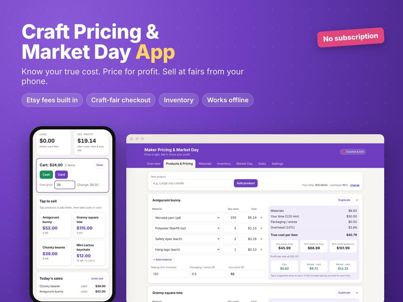 May include: A digital interface for the Craft Pricing & Market Day App displayed on a smartphone and a computer screen. The purple background features text including No subscription, Etsy fees built in, and Craft-fair checkout.