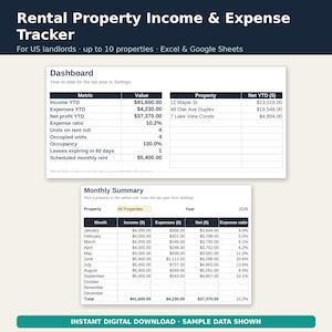 May include: A digital Rental Property Income & Expense Tracker spreadsheet template for Excel and Google Sheets. The interface displays a Dashboard with year-to-date metrics and a Monthly Summary table showing income, expenses, and net profit data.