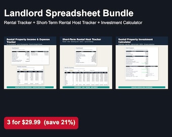 Spreadsheetpakket voor verhuurders, overzicht van huurwoningen, overzicht van verhuurders van kortetermijnverhuur, investeringscalculator, Excel & Google Sheets