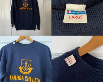 1970s made in usa champion blue bar sweatshirt lambda chi iota navy blue