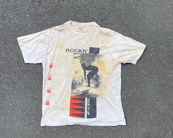 T-shirt de surf des années 80 et 90, entièrement imprimé, peinture AOP délavée, fabriqué aux États-Unis, point unique