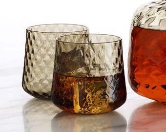 Whiskey Glasses with Diamond Pattern, Hand Blown