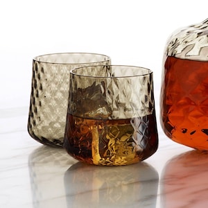 Whiskey Glasses with Diamond Pattern, Hand Blown