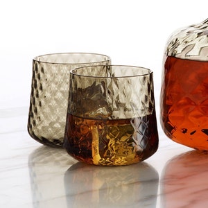 Whiskey Glasses with Diamond Pattern, Hand Blown