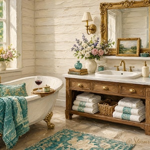 May include: A white clawfoot bathtub with gold feet, a teal patterned towel, and a matching pillow. Beside it, a wooden vanity features a white sink, gold faucet, and stacked white towels with teal trim. A gold birdcage stands nearby.