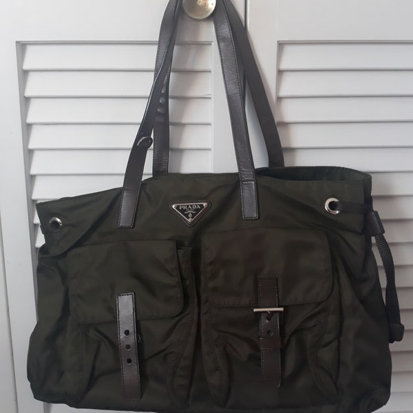 Prada Khaki Nylon Double Pocket Tote Bag
