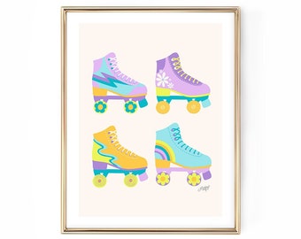 Retro Roller Skates, Neon, Pastel, Poster, Illustration, Art Print, Skating, Vintage, Wall Art, Trendy, Dorm Room, Girly, Retro Aesthetic
