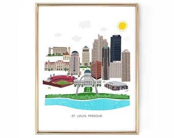 Op de afbeelding: Een ingelijste print met een kleurrijke illustratie van de skyline van St. Louis, Missouri. Het kunstwerk toont iconische bezienswaardigheden zoals de Gateway Arch, Busch Stadium en verschillende wolkenkrabbers, tegen een witte achtergrond met een blauwe rivier en een gele zon.