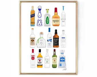 Tequila, Vodka, Whiskey Bottles Illustration - Art Print