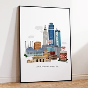 kansas city downtown skyline cityscape illustration art print poster missouri wall art chiefs