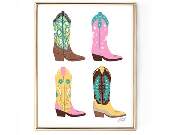 Cowboy Boots Illustration, Art Print, Trendy, Dorm Room, Sorority, Western, Cowgirl Athestic, Girly, Country, Wall Art, Cute, Texas, Decor